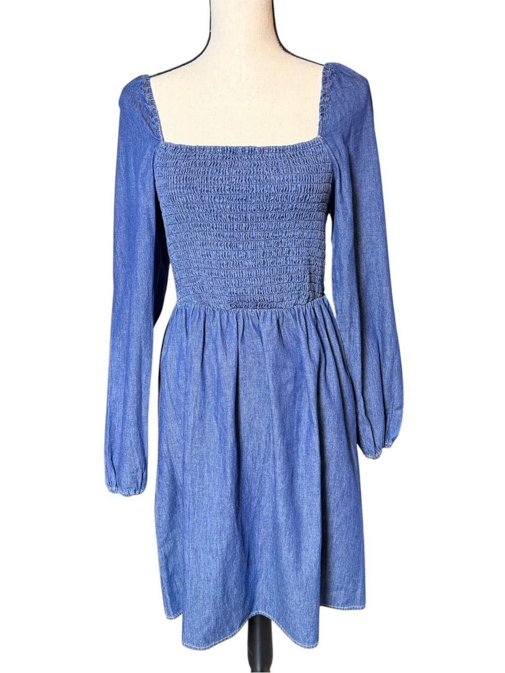 Wrangler Retro Denim Smocked Mini Dress Long Sleeve Blue Size Small - Picture 2 of 6
